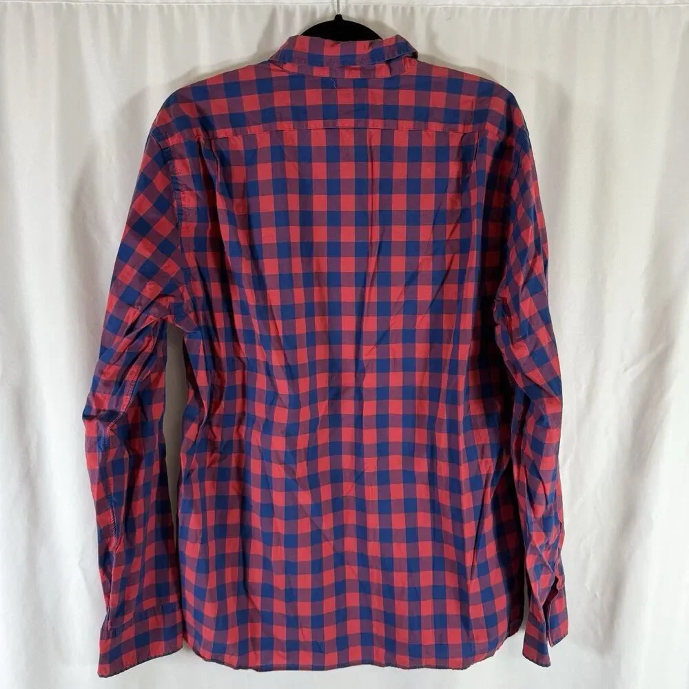 J Crew Slim Fit Button Up Shirt Men's XL Red Blue Plaid Lightweight Long Sleeve
